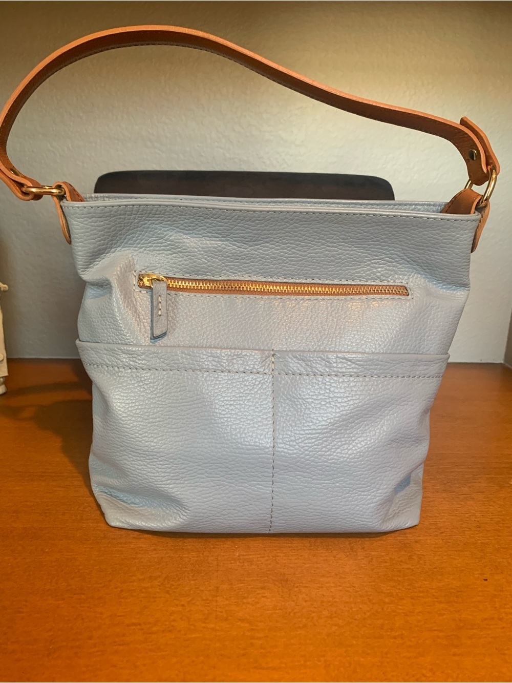 Valentina Baby Blue Leather Shoulder Bag with Tan Strap
